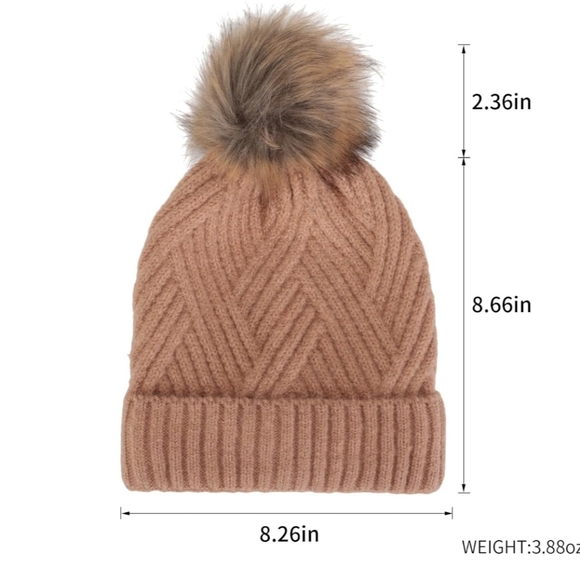 Lot Of 2 Khaki Women's Winter Ski Beanie Hats Warm Knit Soft Faux Fur Pompom - Picture 2 of 2